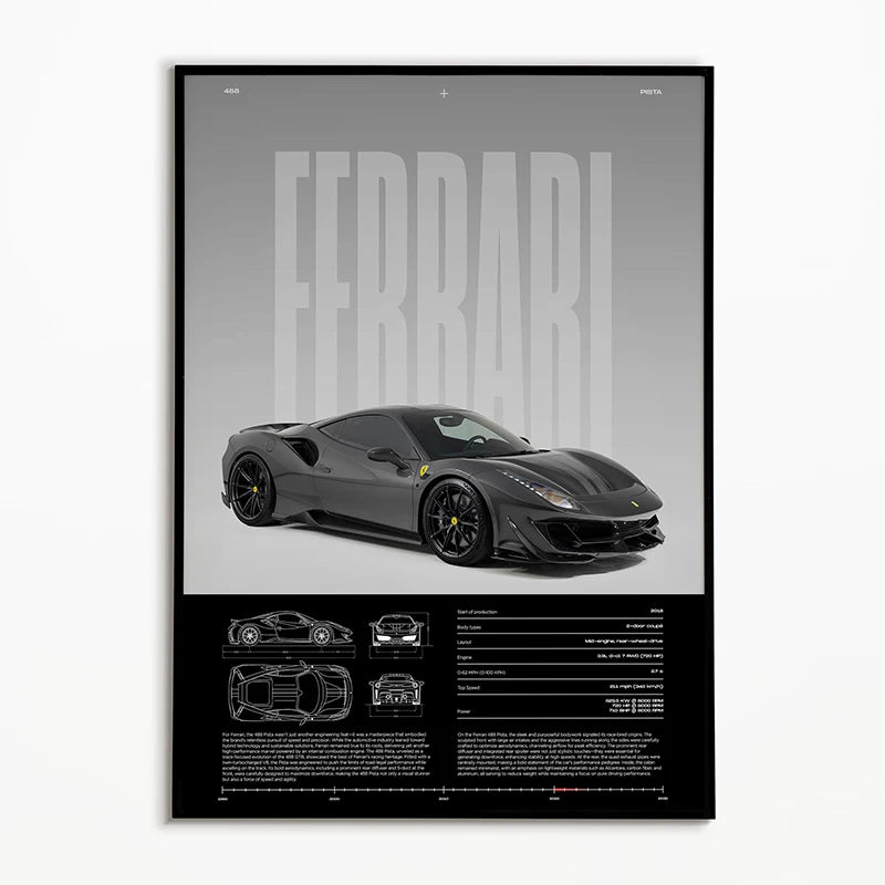 Ferrari 488 Pista Blueprint Poster